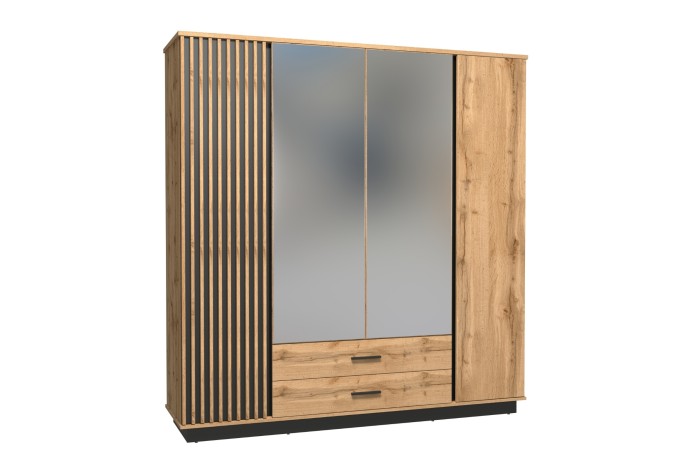 Moderner Kleiderschrank in Eiche-Optik mit Lamellen, Spiegel und zwei Schubladen.