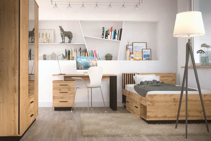 Einrichtungsbeispiel Jugendzimmer mit Lami Möbeln: Bett, Schreibtisch und Kleiderschrank in Eiche.