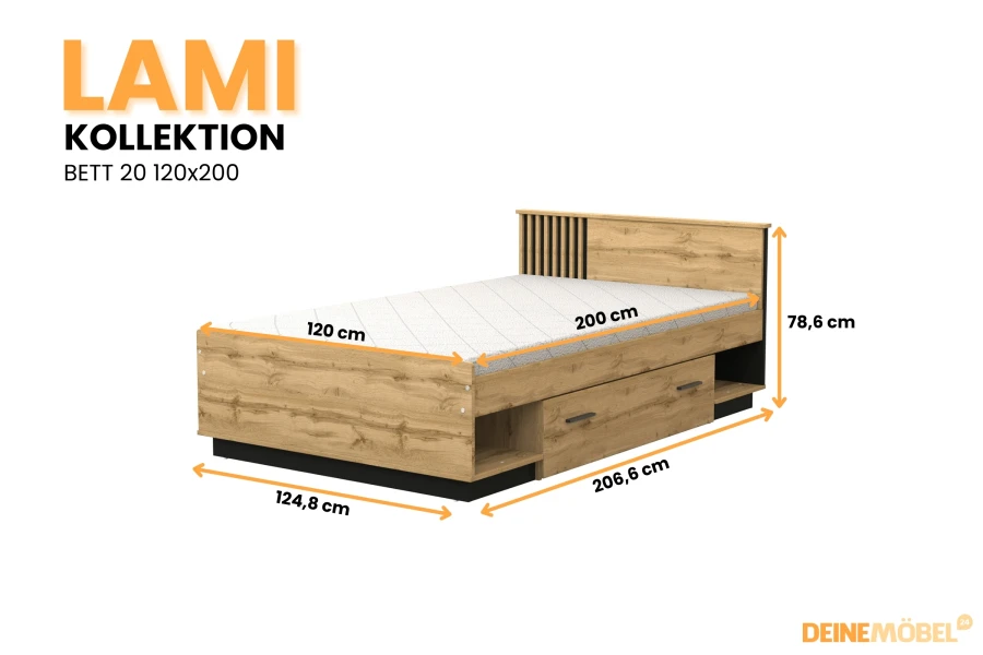 Lami Bett 20 Funktionsbett 120x200 cm in Eiche mit integriertem Stauraum und Schubladen.