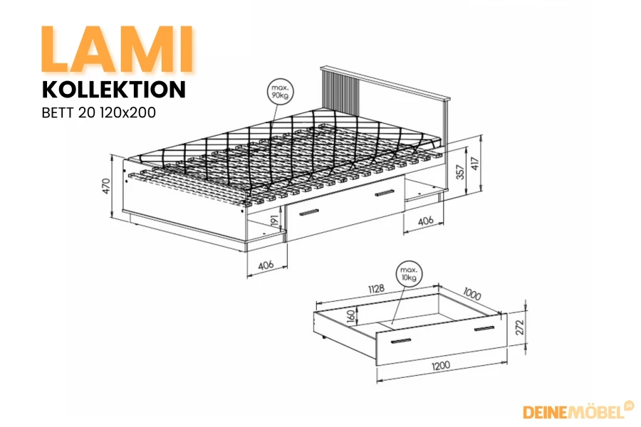 Technische Zeichnung mit Maßen für das Lami Bett 120x200 cm und die Bettschublade.