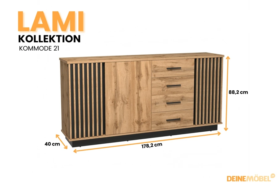 Lami Kollektion Kommode 21 in Eiche-Optik mit Maßen: 178,2 x 88,2 x 40 cm.