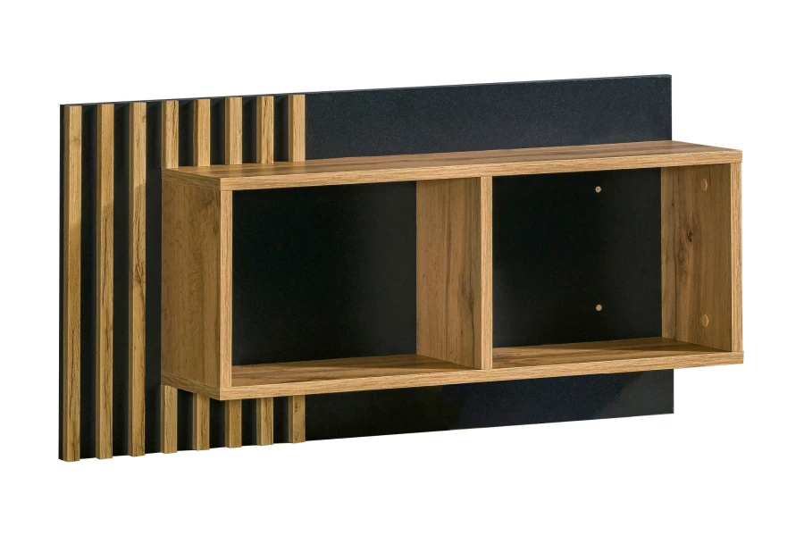 Modernes Wandregal 11 in Eiche-Optik mit schwarzer Rückwand und Lamellen-Design aus der Lami Serie.