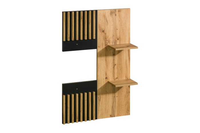 Modernes Wandpaneel Lami in Eiche-Optik mit schwarzen Lamellen-Akzenten und zwei Ablagen.