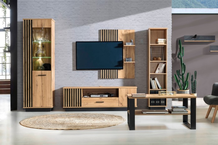 Wohnzimmer-Einrichtung mit Lami Möbeln: TV-Board, Vitrine und Wandpaneel in modernem Design.