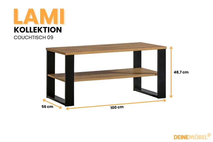 LAMI Couchtisch 09 in Eichenoptik mit Maßen 100x56x48,7 cm und schwarzem Metallgestell.