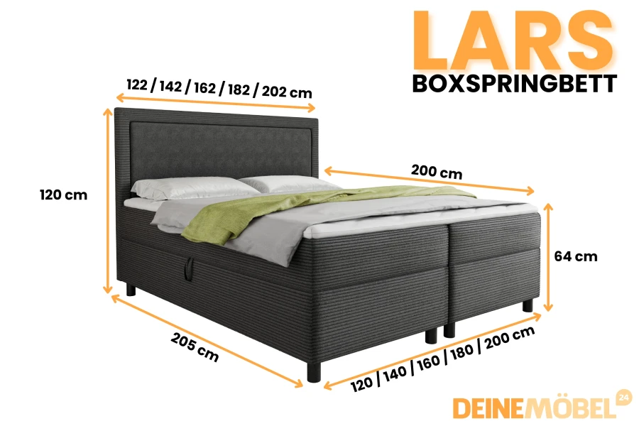 Detaillierte Abmessungen für das Boxspringbett Modell Lars.