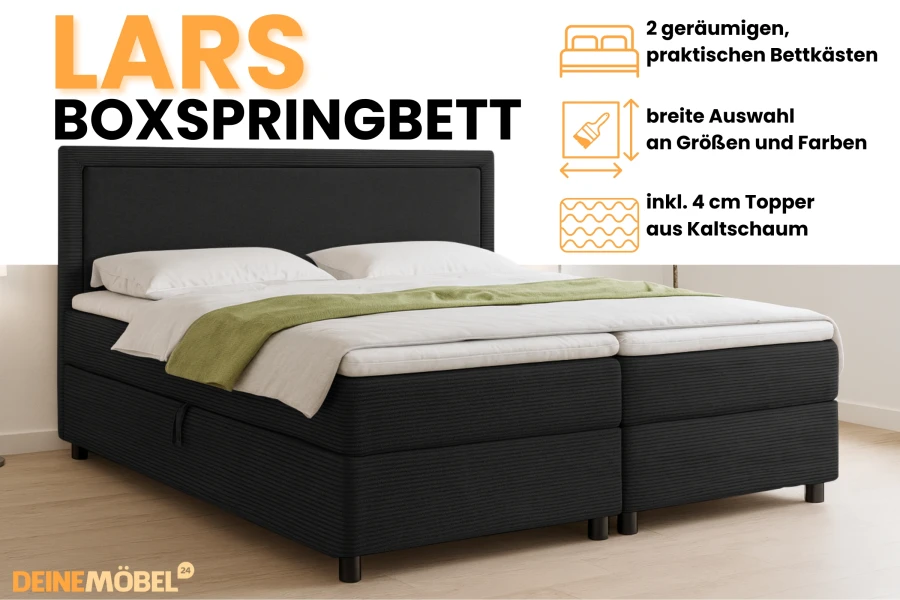Infografik zum Boxspringbett Lars mit Details zu Bettkästen, Kaltschaum-Topper und Farbauswahl.