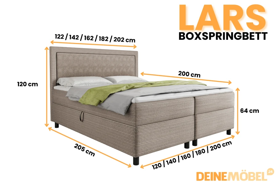 Abmessungen und verschiedene Größenvarianten für das Boxspringbett Lars.