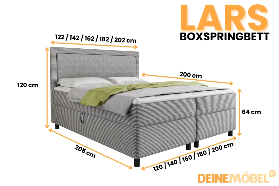 Maße und Größenübersicht für das Boxspringbett Lars mit verschiedenen Breitenangaben.