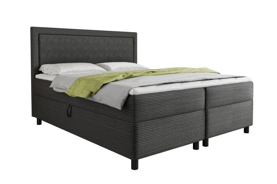 Boxspringbett in Anthrazit mit grünem Plaid, weißer Hintergrund