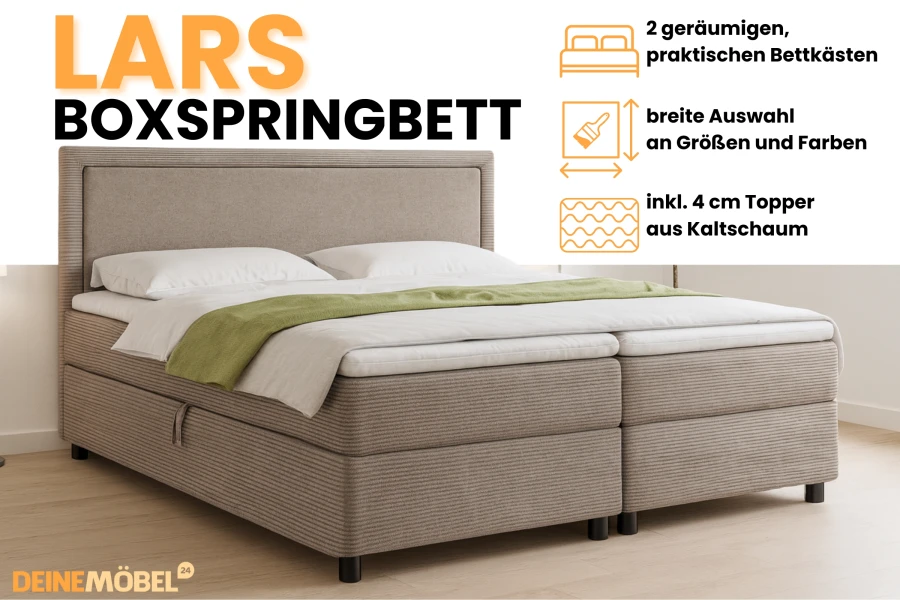 Produktmerkmale Boxspringbett Lars: 2 Bettkästen, Farbauswahl und inkl. Kaltschaum-Topper.