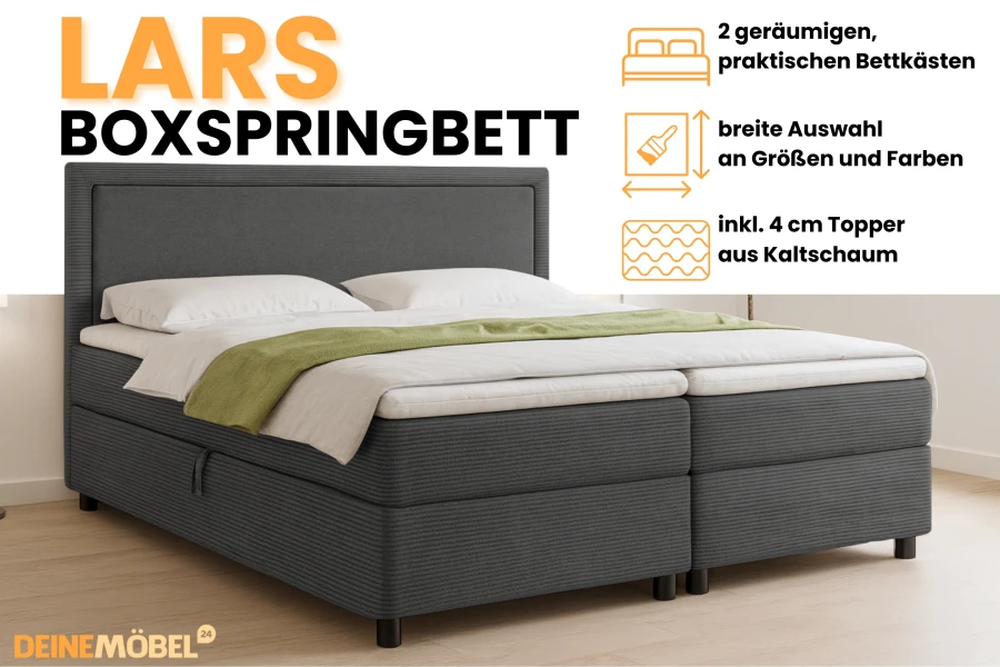 Infografik Boxspringbett Lars: Details zu Bettkasten, Farbauswahl und Topper.