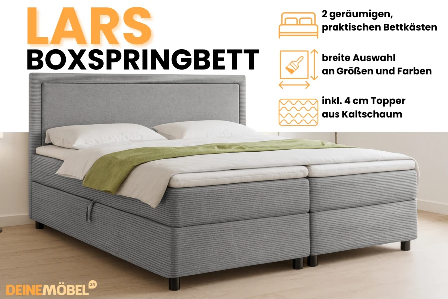 Lars Boxspringbett in Grau mit 2 Bettkästen und 4 cm Kaltschaum-Topper.