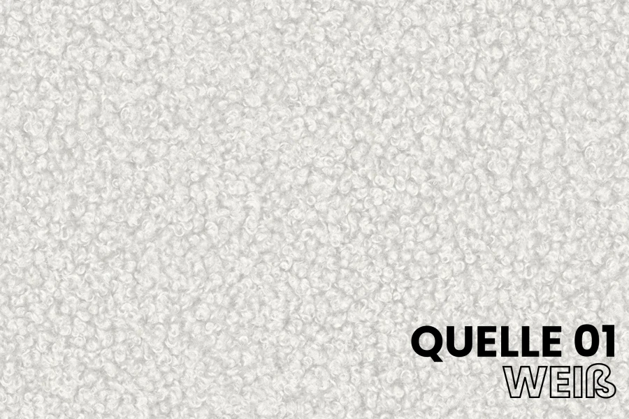 Nahaufnahme vom weißen Bouclé-Stoff Quelle 01, weiche Teddy-Optik für Polstermöbel.
