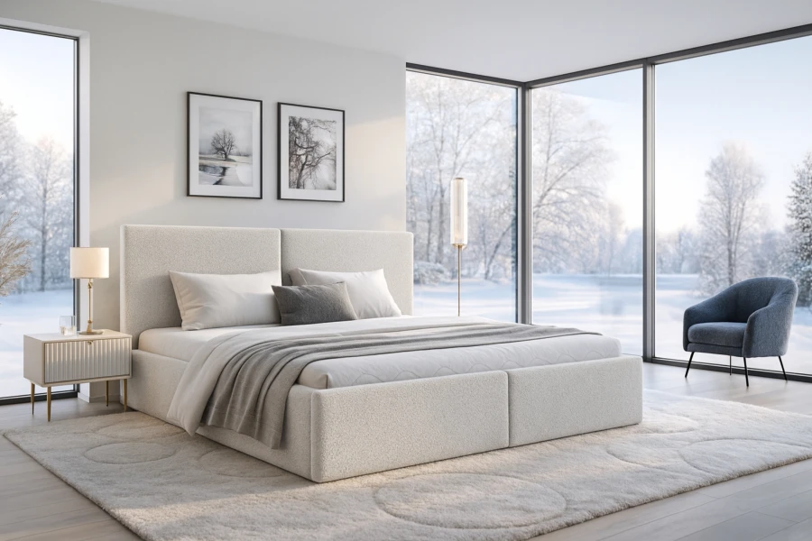 Luxuriöses weißes Bouclé-Bett im Schlafzimmer mit großen Fenstern und Winterblick.