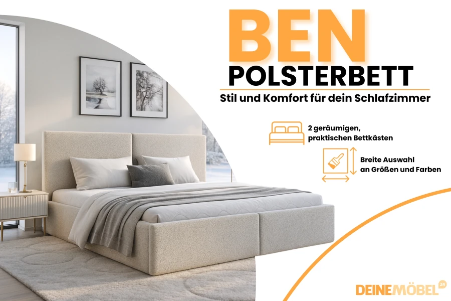 Ben Polsterbett in Ecru mit praktischem Bettkasten für das Schlafzimmer.