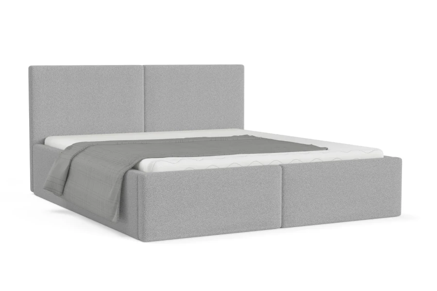 Das Polsterbett Ben in Hellgrau, modernes Design für das Schlafzimmer auf weißem Hintergrund.