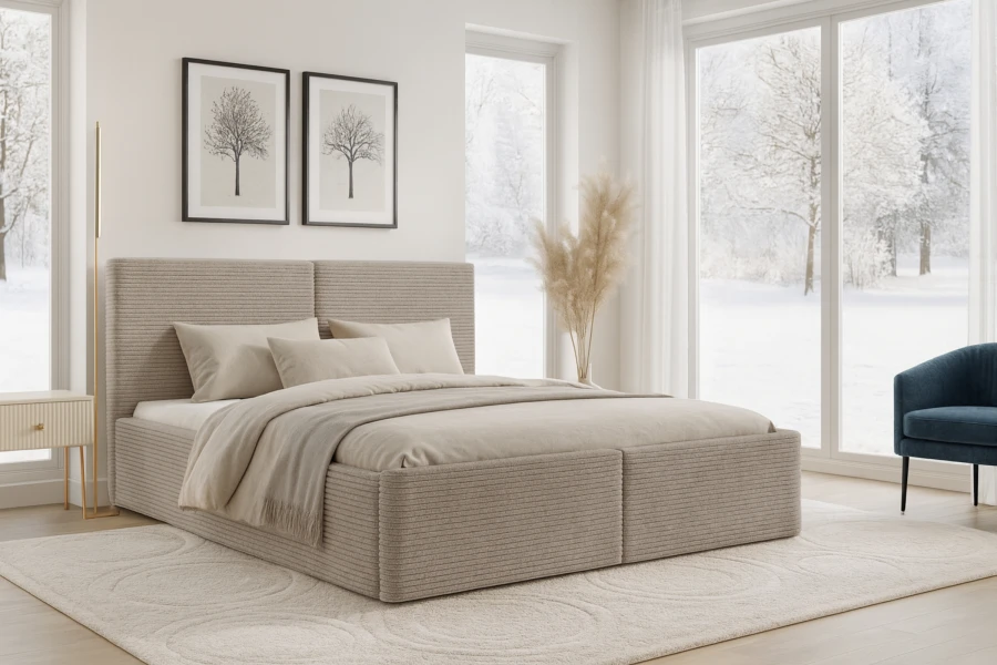 Beige cord upholstered bed in a minimalist bedroom with panoramic window and winter landscape.