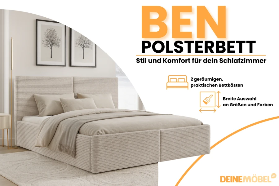 Modernes Polsterbett Ben in Beige mit Bettkästen für Stil und Komfort im Schlafzimmer.