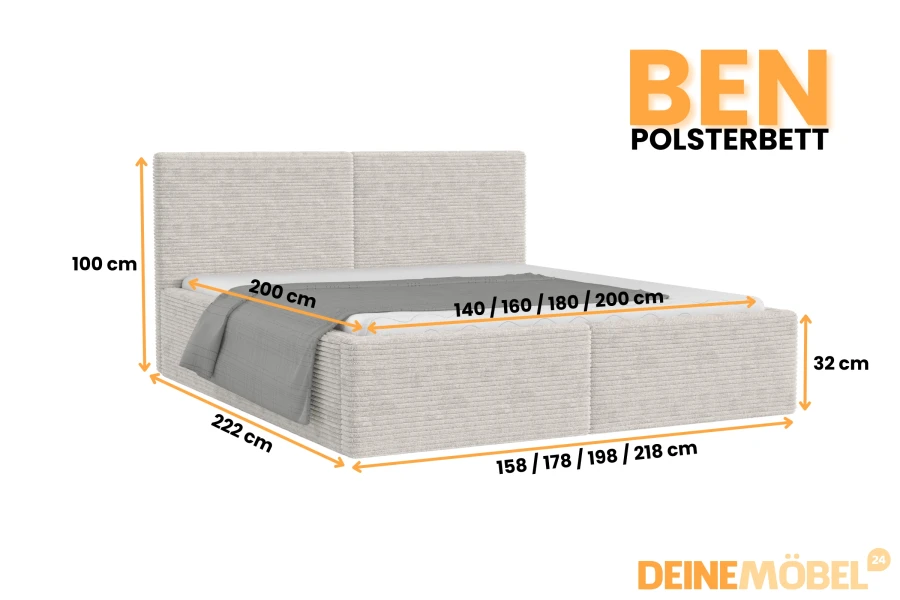 Maße für Ben Polsterbett in Hellgrau mit Cord-Stoff, verschiedene Breiten von 140 bis 200 cm.