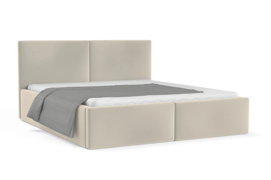 Modernes Polsterbett in Beige mit hohem Kopfteil, isoliert auf weißem Hintergrund.