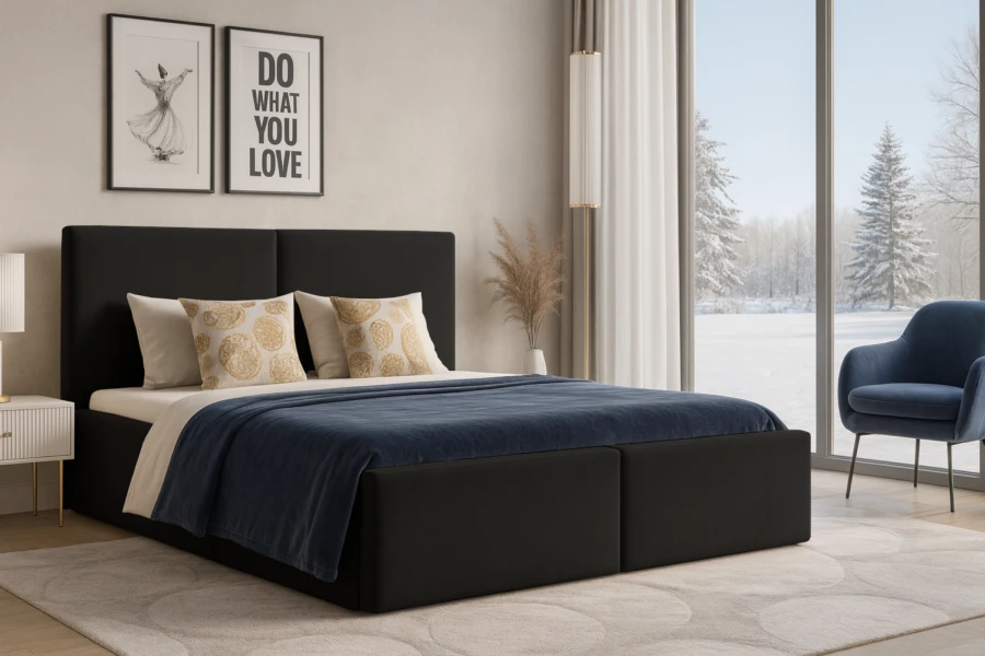 Elegantes schwarzes Boxspringbett im modernen Schlafzimmer mit Aussicht.