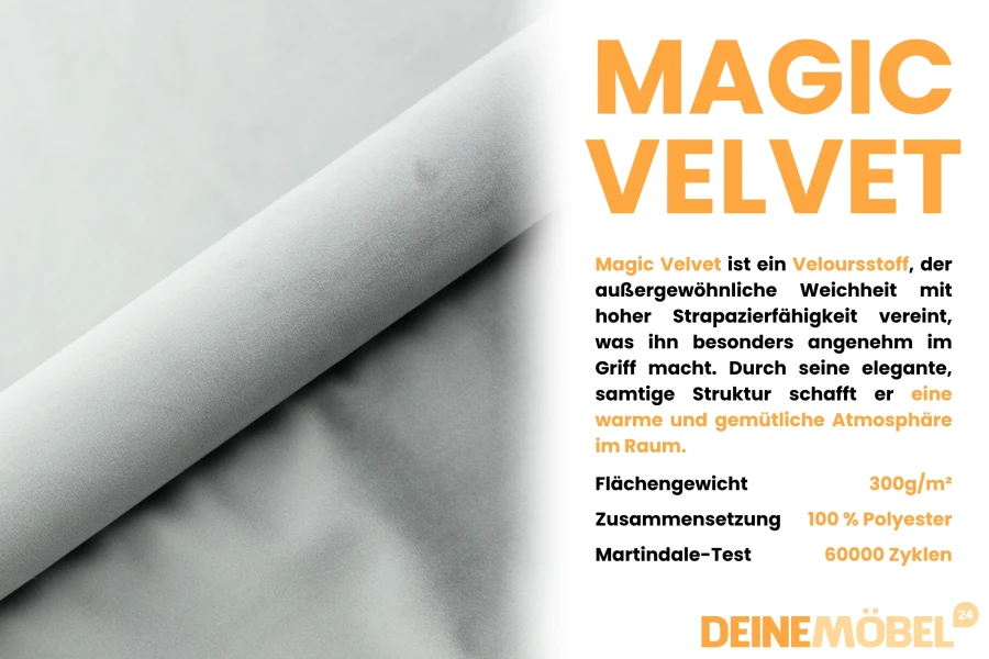 Eigenschaften des Magic Velvet Veloursstoffs in Hellgrau für Möbelbezüge.