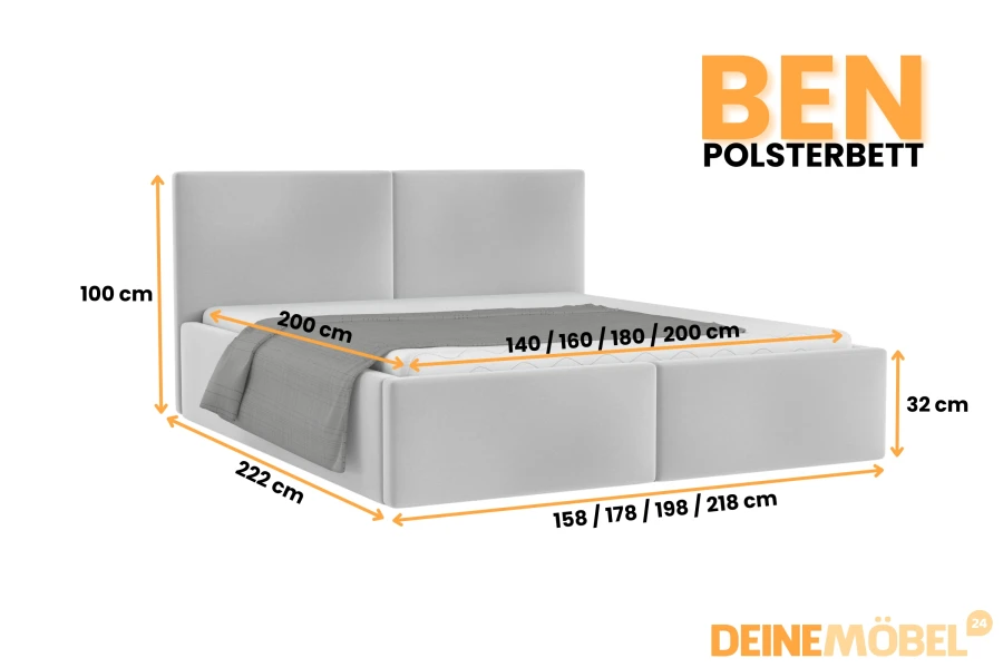 Maße für Polsterbett Ben: Abmessungen von Kopfteil, Liegefläche und Rahmenhöhe