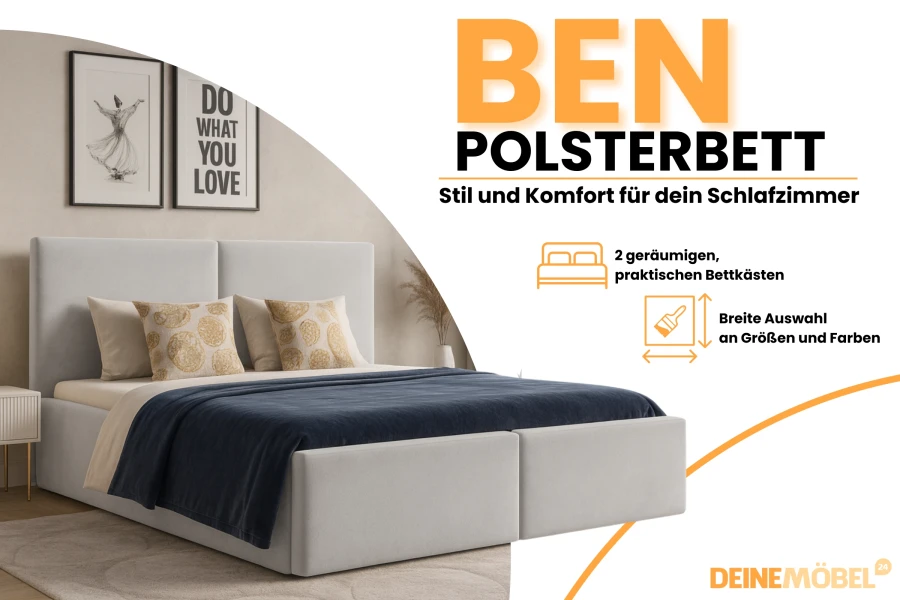 Polsterbett Ben - Stil und Komfort mit praktischen Bettkästen für das Schlafzimmer