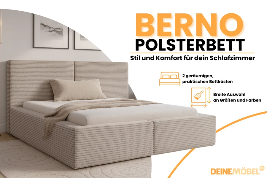 Berno Polsterbett in Beige mit Bettkasten für stilvolle Schlafzimmer.