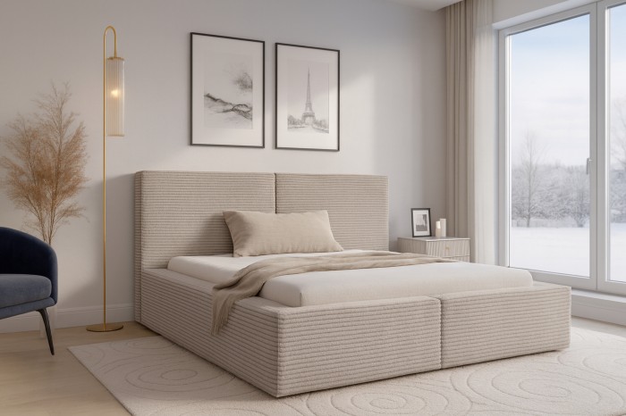 Berno Polsterbett beige in modernem Schlafzimmer mit Ausblick ins Freie.