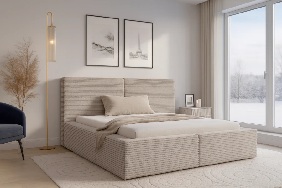 Berno Polsterbett beige in modernem Schlafzimmer mit Ausblick ins Freie.