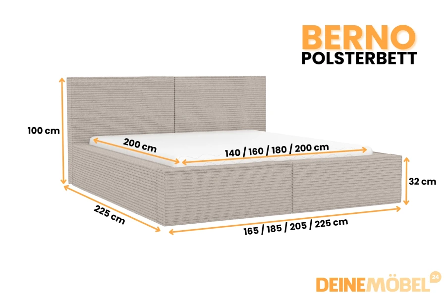 Berno Polsterbett Maße: 140/160/180/200 cm Liegefläche mit 100 cm Kopfteilhöhe.