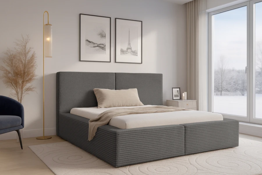 Schlafzimmer-Inspiration: Anthrazitfarbenes Polsterbett Berno in modernem Ambiente mit Deko.