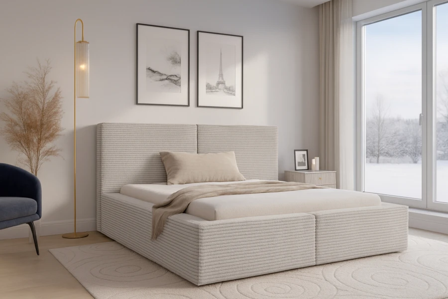 Modernes Polsterbett in Cord-Optik in einem hellen Schlafzimmer mit Winterblick.