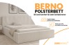 Berno upholstered bed product graphic with details on storage boxes and colour selection.