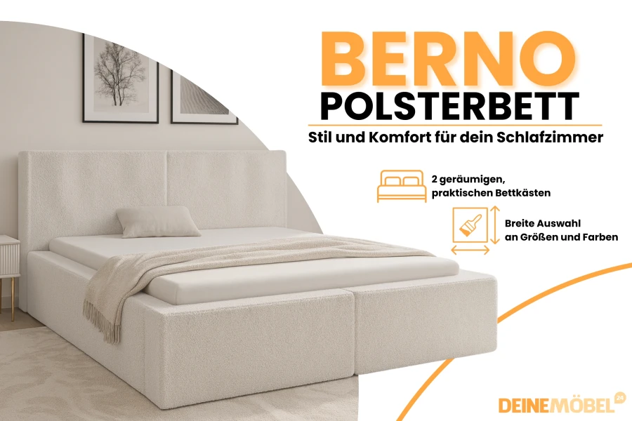 Berno Polsterbett Produktgrafik mit Details zu Bettkästen und Farbauswahl.