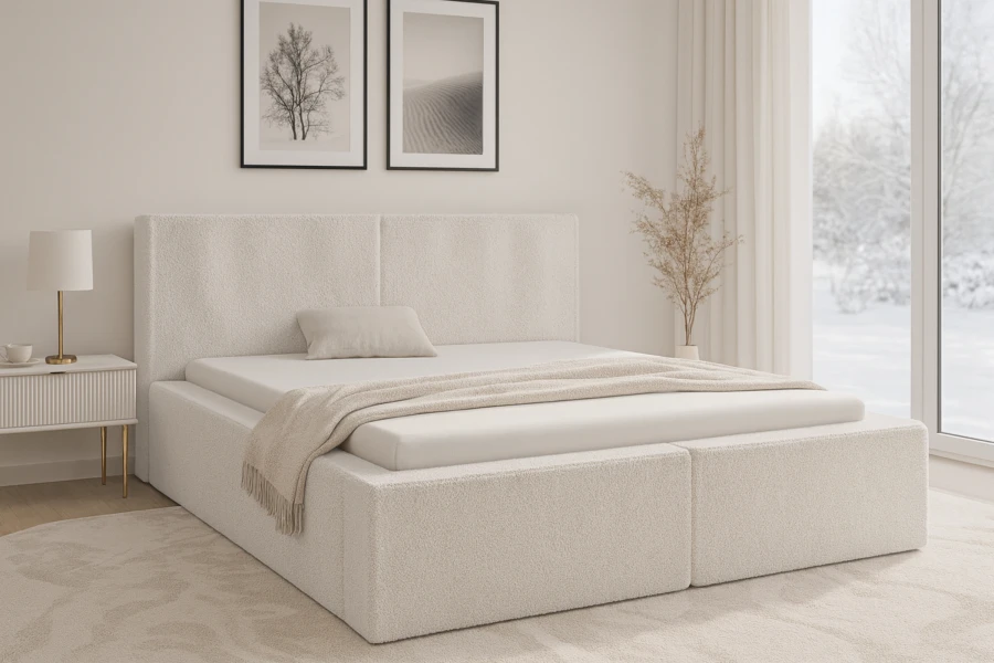 Lifestyle-Bild des Polsterbetts Berno in einem hell eingerichteten, modernen Schlafzimmer.