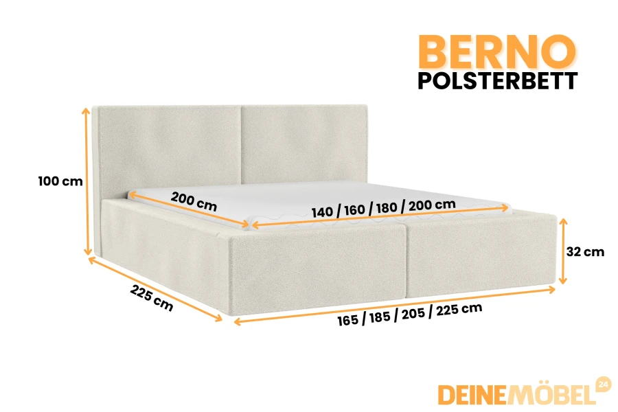Maßgrafik für das Polsterbett Berno mit detaillierten Größenangaben für verschiedene Varianten.