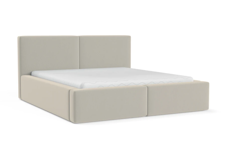 Beiges Polsterbett in minimalistischem Design mit weißer Matratze freigestellt.