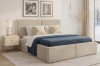 Modernes Polsterbett Berno in Beige mit blauer Decke im gemütlich eingerichteten Schlafzimmer.