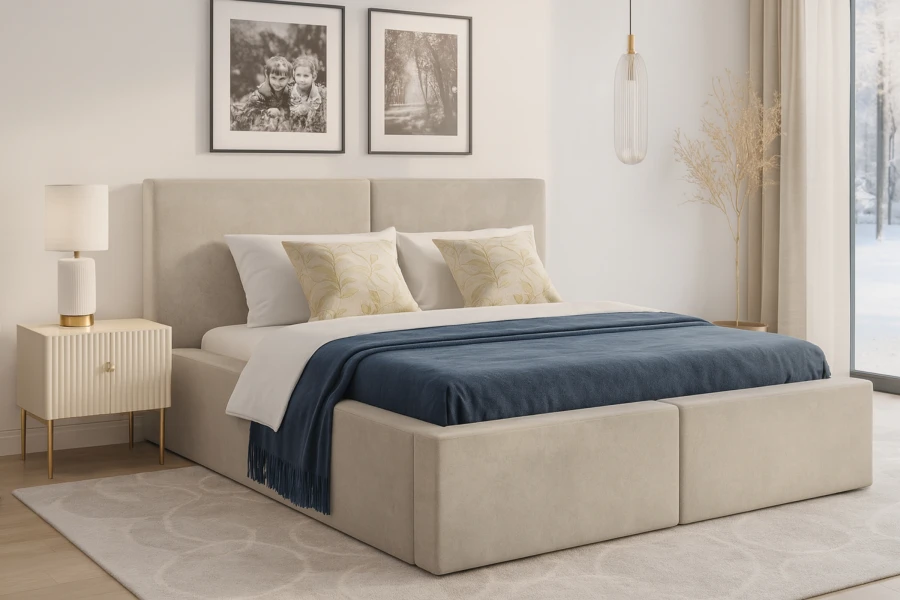 Modern Berno upholstered bed in beige with blue blanket in a cosily furnished bedroom.