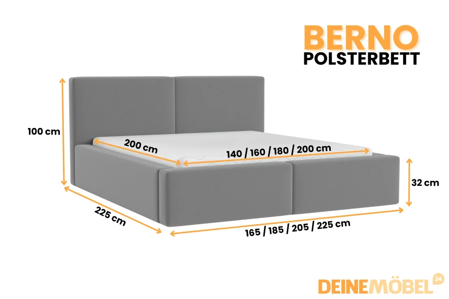 Maßangaben für Polsterbett Berno: Verschiedene Breiten und Höhen für die Planung.