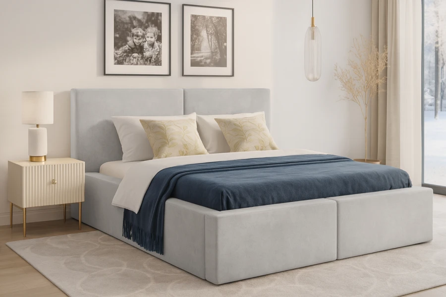 Hellgraues Polsterbett im Schlafzimmer-Set mit blauer Decke und stilvollem weißem Nachttisch.