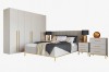 Schlafzimmermöbel-Set bestehend aus Bett, Schrank und Kommoden in Beige-Gold.