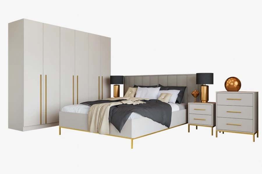 Schlafzimmermöbel-Set bestehend aus Bett, Schrank und Kommoden in Beige-Gold.