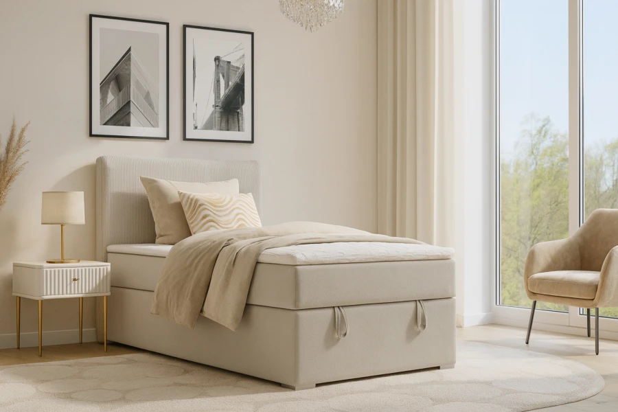 Modernes Schlafzimmer-Ambiente mit dem beigen Daga Mini Boxspringbett und Nachttisch.