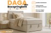 Daga Mini Boxspringbett Infografik mit Details zu Bettkasten, Topper und Farbauswahl.