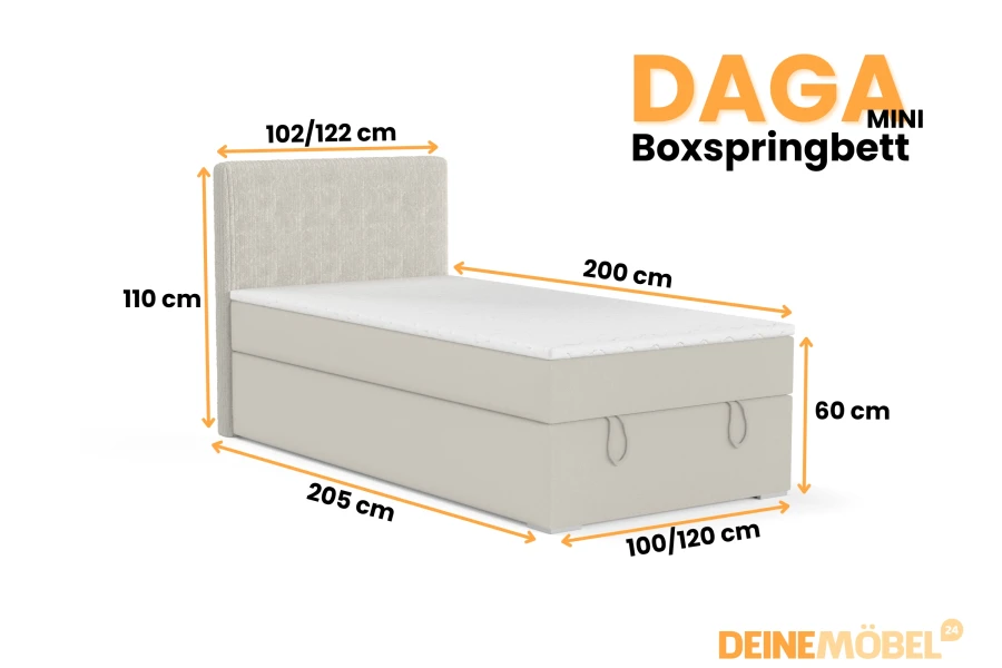 Detaillierte Maße und Abmessungen für das DAGA MINI Boxspringbett.
