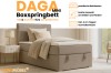 Produktmerkmale des DAGA MINI Boxspringbetts: Stauraum, Farbauswahl und Topper.